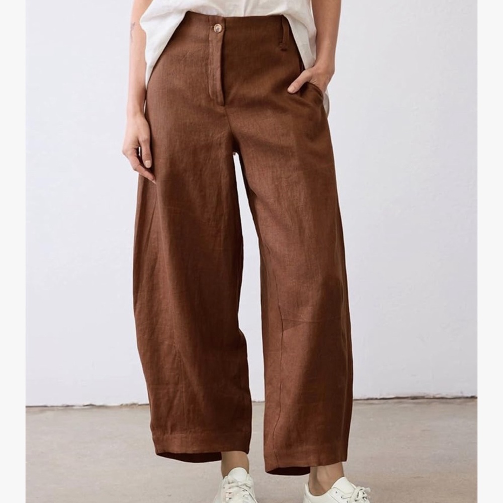Wide Leg Linen-Blend Pants in Brown